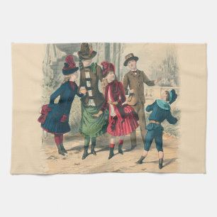 Antique Victorian Children Play Ball 1880 Winter Tea Towel