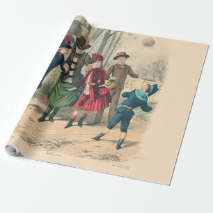 Antique Victorian Children Play Ball 1880 Winter Wrapping Paper