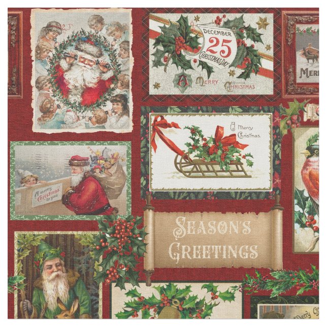 Antique Victorian Christmas Card Collage  Fabric (Close Up)