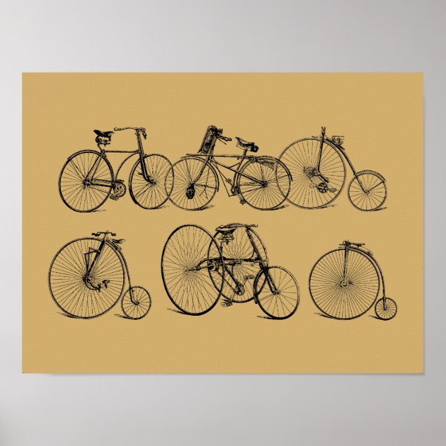 Antique Victorian Era Bicycle Illustrations Poster (Front)