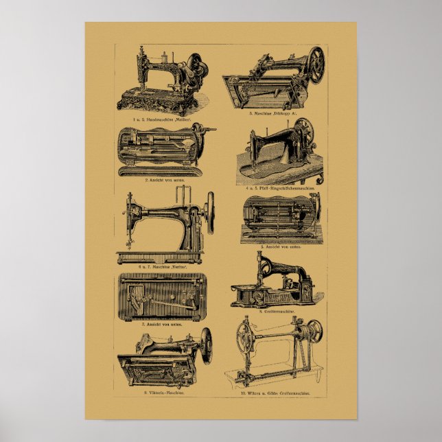 Antique Victorian Era Sewing Machine Illustrations Poster (Front)