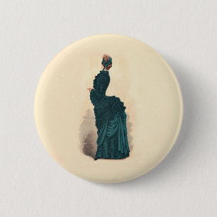 Antique Victorian Fashion Plate: Teal Bustle Dress 6 Cm Round Badge