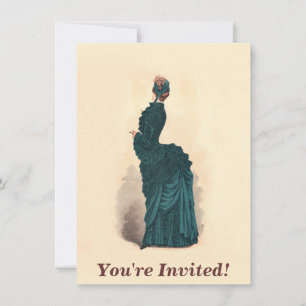 Antique Victorian Fashion Plate: Teal Bustle Dress Invitation
