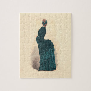 Antique Victorian Fashion Plate: Teal Bustle Dress Jigsaw Puzzle