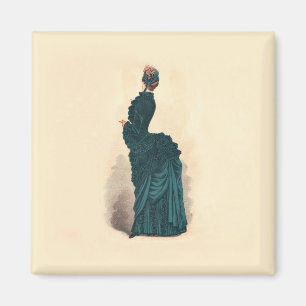 Antique Victorian Fashion Plate: Teal Bustle Dress Magnet