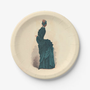Antique Victorian Fashion Plate: Teal Bustle Dress Paper Plate