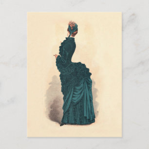 Antique Victorian Fashion Plate: Teal Bustle Dress Postcard
