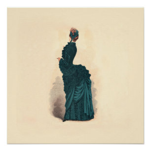 Antique Victorian Fashion Plate: Teal Bustle Dress Poster