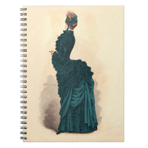 Antique Victorian Fashion Plate: Teal Bustle Dress Spiral Notebook