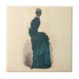 Antique Victorian Fashion Plate: Teal Bustle Dress Tile
