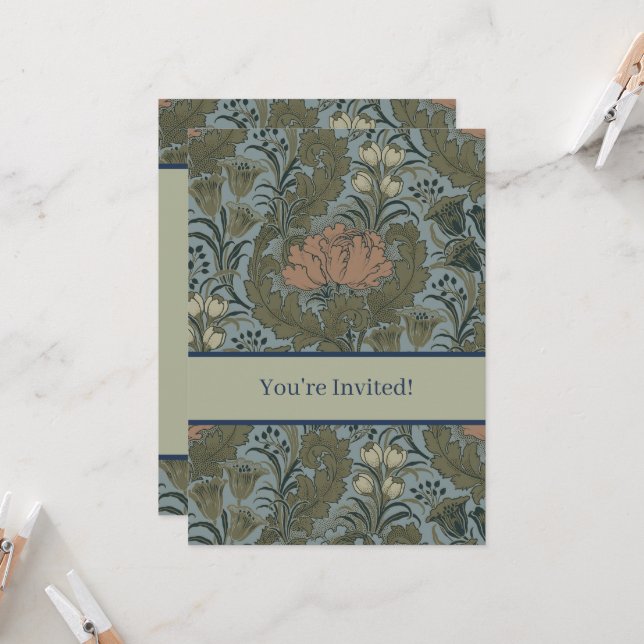 Antique Victorian Floral Pattern Sage Terracota Invitation (Front/Back In Situ)