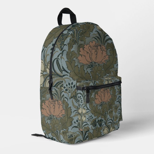 Antique Victorian Floral Pattern Sage Terracota Printed Backpack (Back Corner Left)