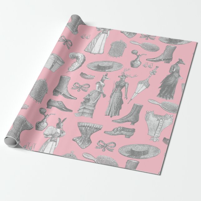 antique victorian lady animals pink toile women wrapping paper (Unrolled)