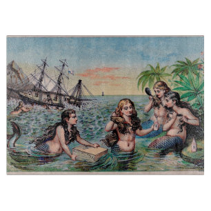 Antique Victorian Mermaids Treasure Ship Vintage Cutting Board