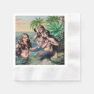 Antique Victorian Mermaids Treasure Ship Vintage Napkin