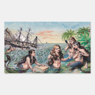 Antique Victorian Mermaids Treasure Ship Vintage Rectangular Sticker