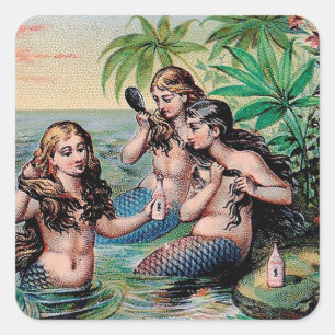 Antique Victorian Mermaids Treasure Ship Vintage Square Sticker