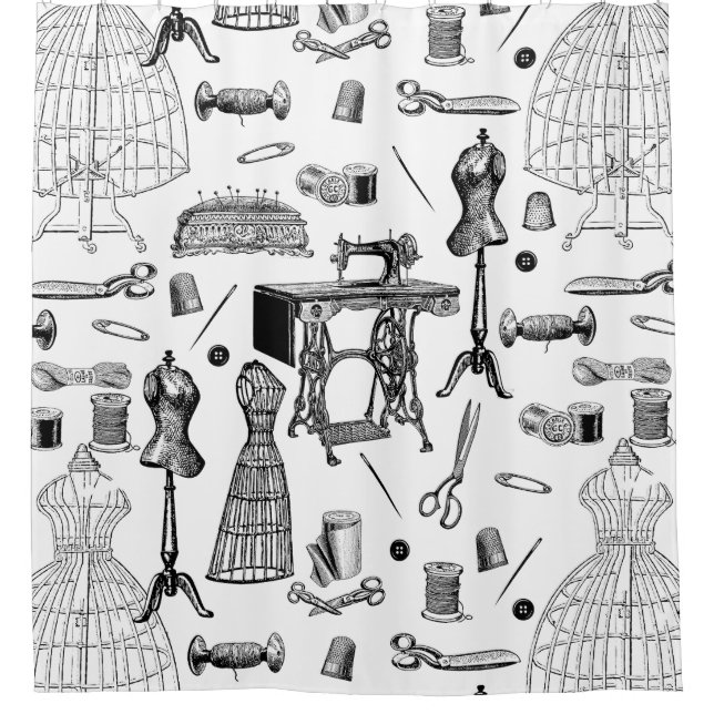 antique victorian sewing machine black white toile shower curtain (Front)