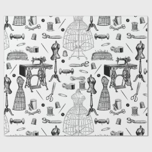 antique victorian sewing machine black white toile wrapping paper
