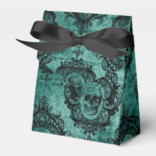 Antique Victorian Teal and Black Skull Pattern Favour Box