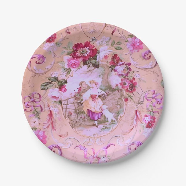 Antique Victorian Toile Rococo Style Floral Pink  Paper Plate (Front)