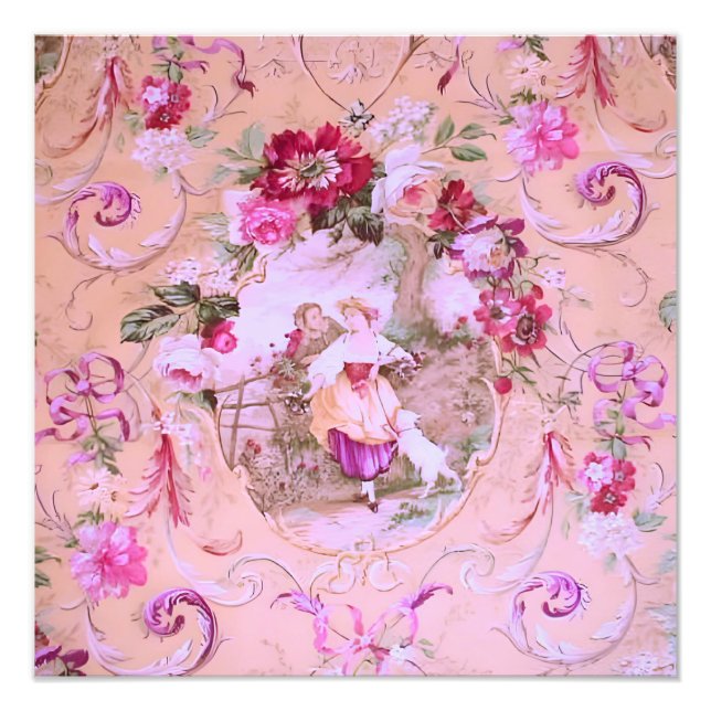 Antique Victorian Toile Rococo Style Floral Pink  Photo Print (Front)