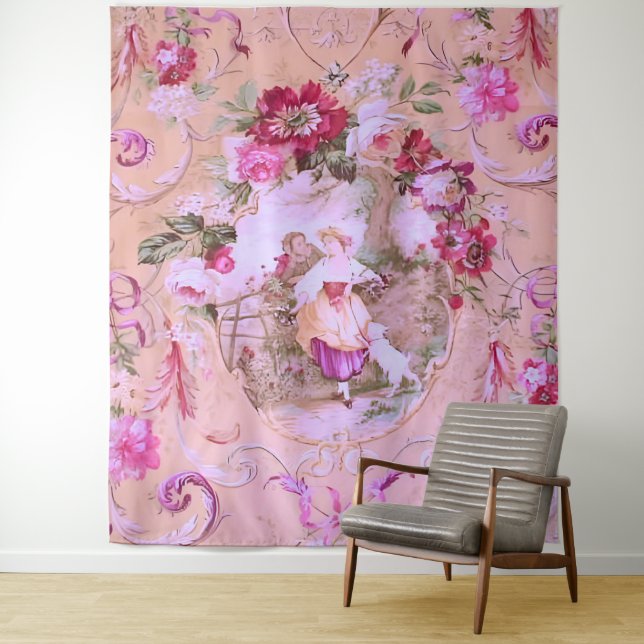 Antique Victorian Toile Rococo Style Floral Pink  Tapestry (In Situ)