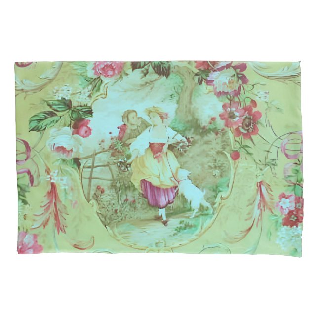 Antique Victorian Toile Rococo Style Sage Green  Pillowcase (Front)