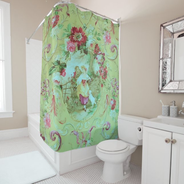 Antique Victorian Toile Rococo Style Sage Green  Shower Curtain (In Situ)