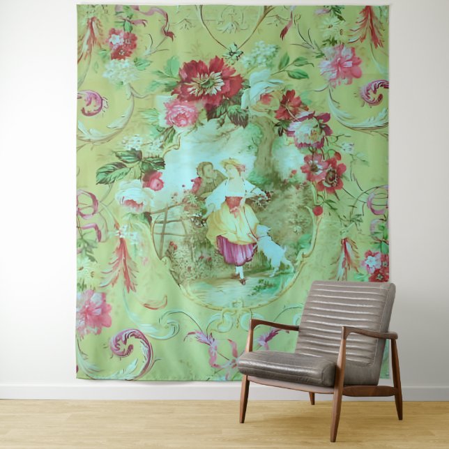 Antique Victorian Toile Rococo Style Sage Green  Tapestry (In Situ)