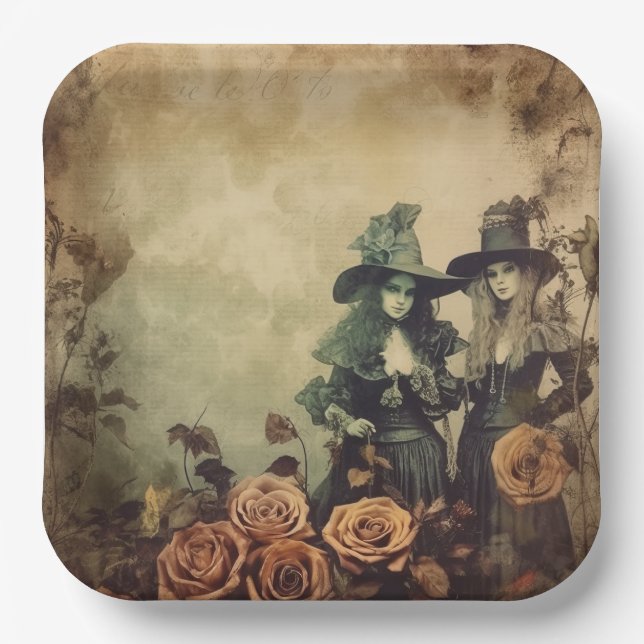 Antique Victorian Witch Sisters Sepia Paper Plate (Front)