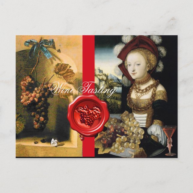 ANTIQUE VINEYARD GRAPES AND WINE ,RED WAX SEAL POSTCARD (Front)