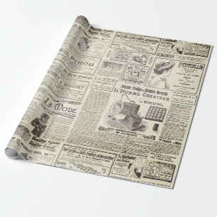 Antique Vintage Beige French Ads Ephemera  Wrapping Paper