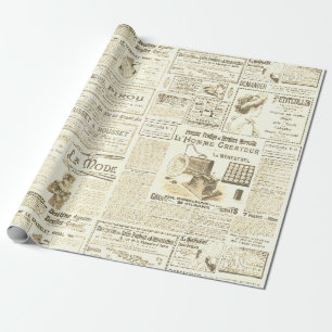 Antique Vintage Beige French Ads Ephemera Wrapping Paper