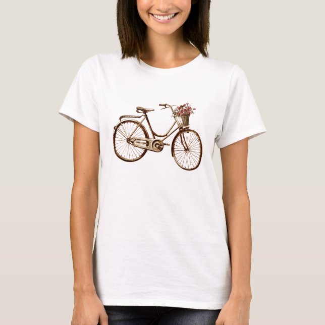 Antique Vintage Bicycle Basket Flowers Roses T-Shirt (Front)