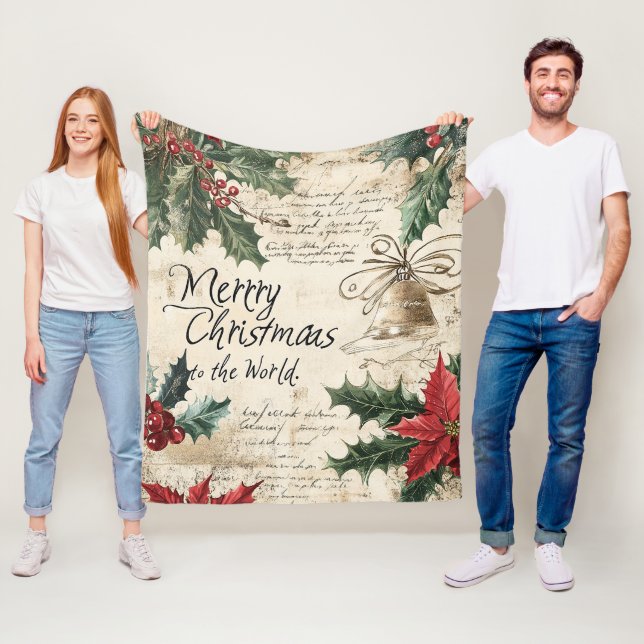 Antique Vintage Christmas Holly Pattern Fleece Blanket (In Situ)