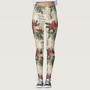 Antique Vintage Christmas Holly Pattern Leggings