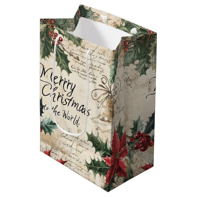 Antique Vintage Christmas Holly Pattern Medium Gift Bag (Front Angled)