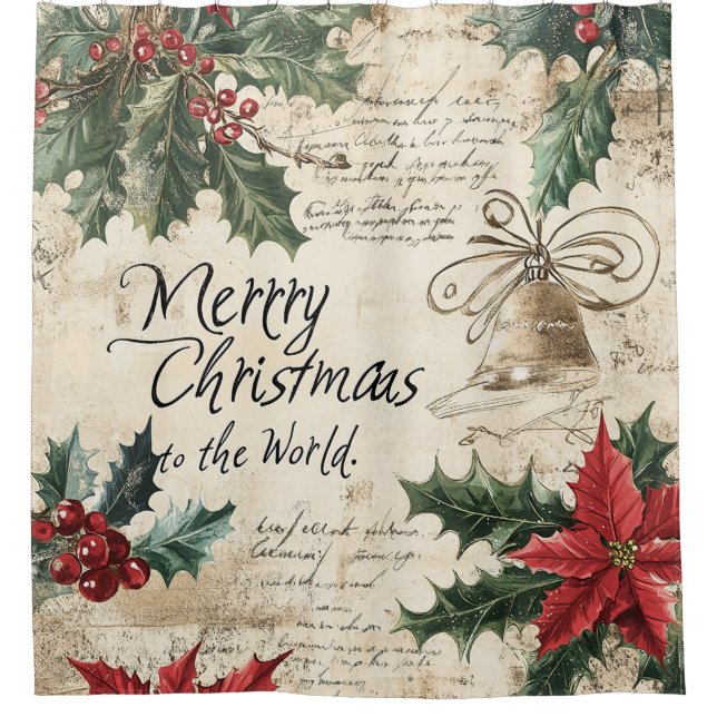 Antique Vintage Christmas Holly Pattern Shower Curtain (Front)