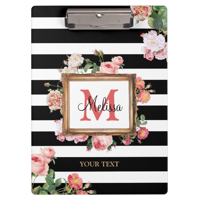 Antique Vintage Floral & Stripes Monogram Clipboard (Front)