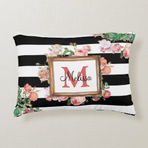 Antique Vintage Floral & Stripes Monogram Decorative Cushion