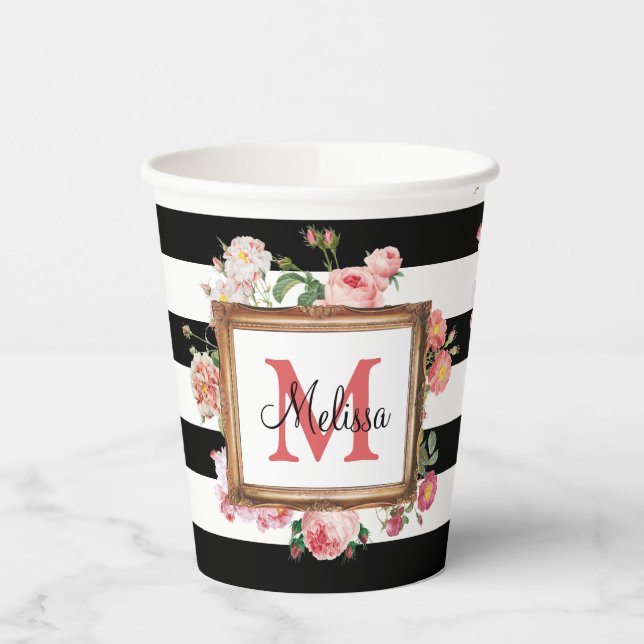Antique Vintage Floral & Stripes Monogram Paper Cups (Left)
