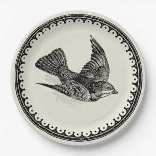 Antique Vintage Flying Bird Image On Beige Paper Plate