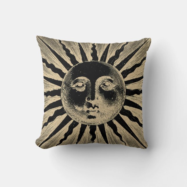 Antique Vintage Gold Black Sun Face Cushion (Front)