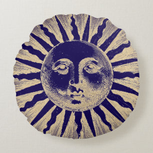 Antique Vintage Gold Blue Sun Face Round Cushion