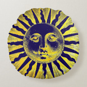 Antique Vintage Gold Yellow Blue Sun Face Round Cushion