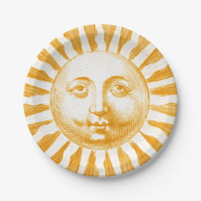 Antique Vintage Gold Yellow  Sun Face Paper Plate (Front)