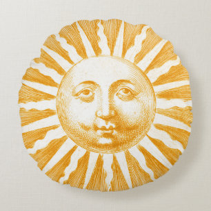 Antique Vintage Gold Yellow Sun Face Round Cushion