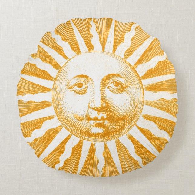 Antique Vintage Gold Yellow  Sun Face Round Cushion (Front)