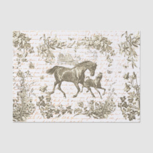 Antique Vintage Horses Beige Toile Floral Script Tissue Paper